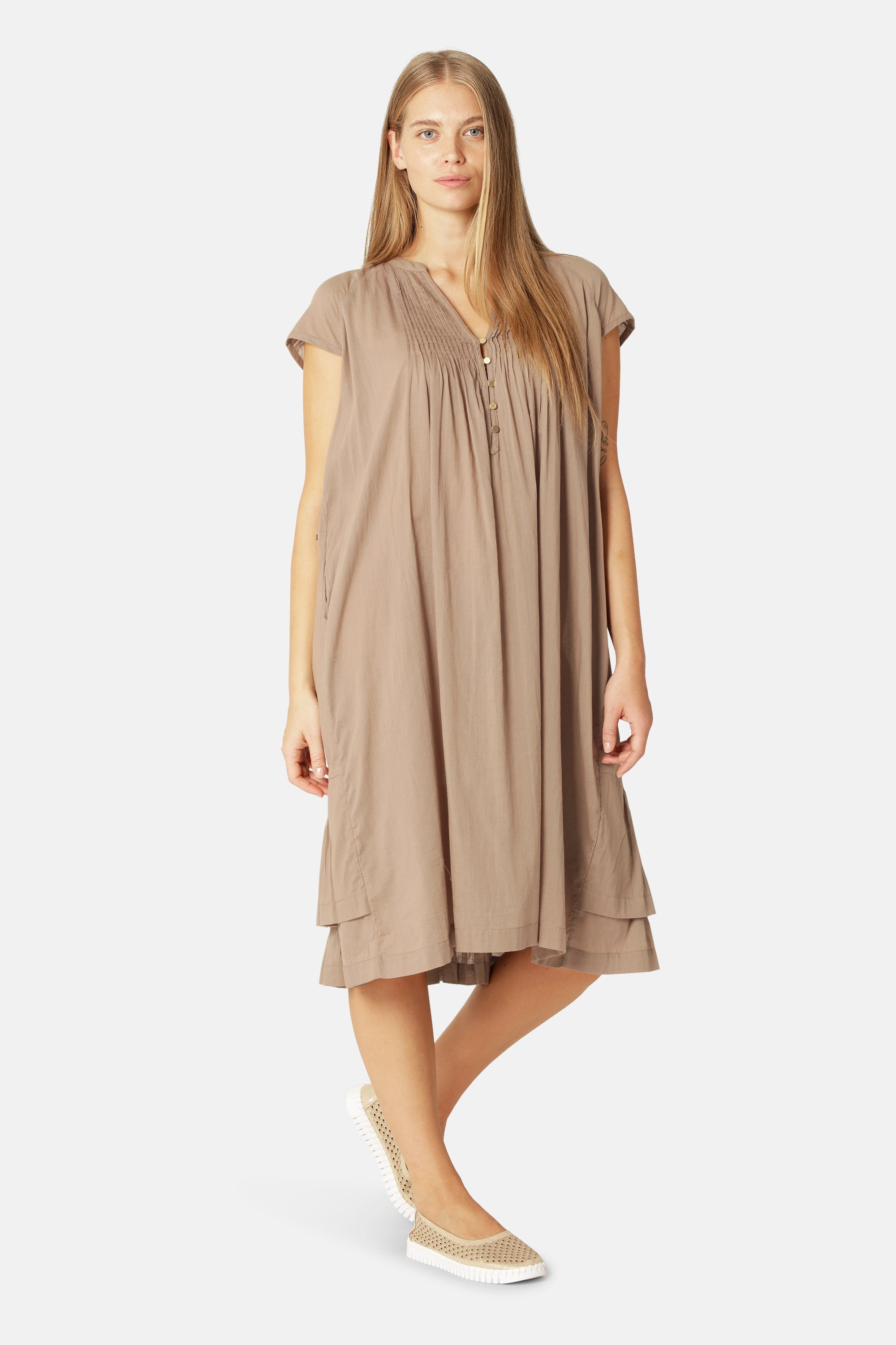 Robe Longue à Manches Courtes - Greige
